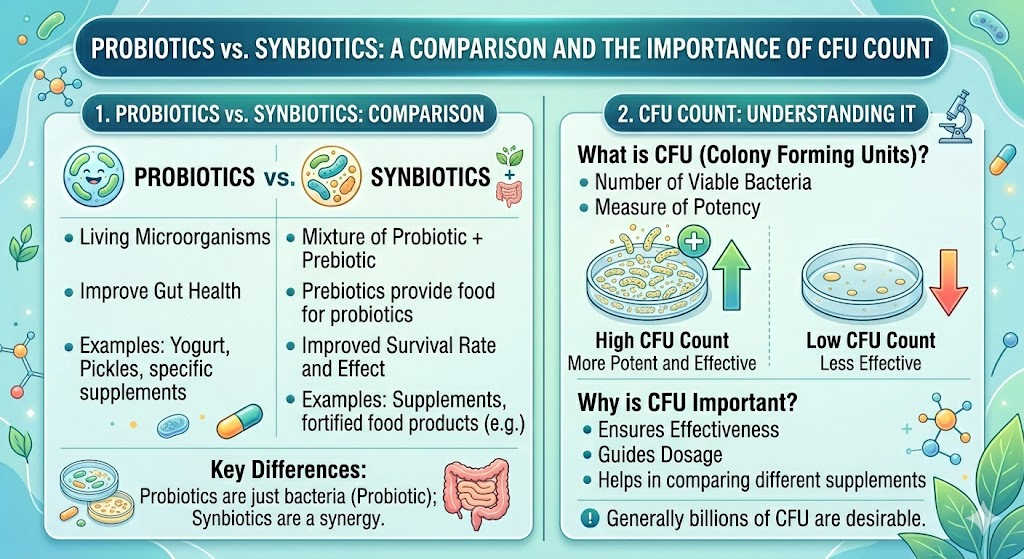 Probiotics vs Synbiotics comparison chart showing gut health benefits, CFU count, prebiotics, and probiotic bacteria in softgel capsules